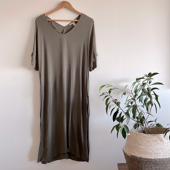 Forever 21 NWOT khaki green kaftan dress / long tunic worn side slits sz L - Picture 1 of 7